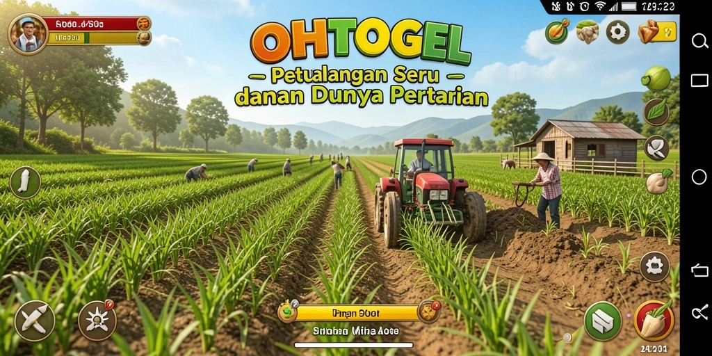 Tangkapan layar gameplay OHTOGEL menampilkan suasana ladang yang ramai dan aktif.